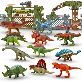 Simulated Adventure Dinosaurs Toys, 12 Pcs Realistic Dinosaur Figures with Creative Defense Barrier Construction Toys, Dinosaur Playset for Kids 5 6 7 8+, Fun & Learning Gift for Kids