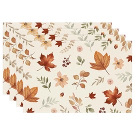 Bonhause Fall Leaves Floral Placemats Set of 4, Maple Leaf Wildflower Table Mats 30x45cm Washable Seasonal Thanksgiving Kitchen Dining Table Decoration For Indoor/Outdoor Home Party Decor