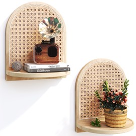 2 Pack Small Wall Shelf, 7''Natural Rattan Shelf with Wicker Decor, Wooden Small Floating Shelf for Wall, Arched Wall Shelf Boho Style for Plant Figurines Display, Mini Shelves for Knick Knack Storage