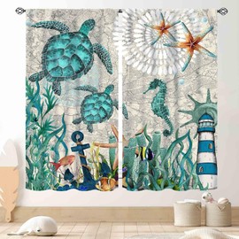 Cortinas de tortugas marinas, costeras, náuticas, playa, algas, caballito de mar, barra, bolsillos para ventana, para recámara, sala de estar, baño, cortinas opacas con animales, azul océano, 42 x 54