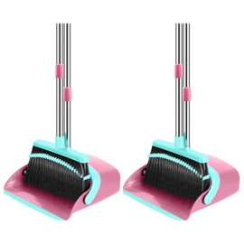 Broom and Dustpan Set, 52-in Long Adjustable Handle Broom Dustpan Combo with Dust pan Teeth to Automatically Clean Hair Suitable for Home Kitchen Office Hall Floor (Pink&Blue), 2 Pack
