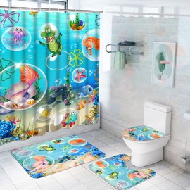 Alishomtll 4 Pcs Kids Ocean Shower Curtain Set with Non-Slip Rug, Toilet Lid Cover and Bath Mat, Funny Sea Fish Shower Curtain with Hooks, Cartoon Shower Curtains for Bathroom Decor