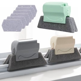 Cleaning Brush, Pack of 3 Window Grooves Cleaning Tool and 6 Replacement Pads, Magic Cleaning Brush for Corners, Bathrooms, Kitchen, Tile Cleaning Brush, Grey, Green, Beige