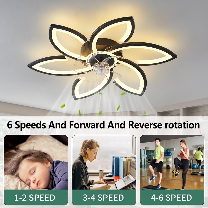Ruibutrade 30inch Black Flower Modern CeilingFans with Lights, Low Profile