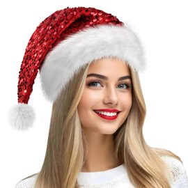 Hikkcos Christmas Red Sparkly Santa Hat Red Glitter Sequin Santa Hat Bling Santa Hat Glittery Hat for Adults New Year Xmas Festival Party