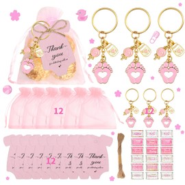 Feishiong 12 Sets Baby Shower Favors for Girls – Pink Footprint Keychains with Lollipop, Elegant Organza Bags & Thank You Tags, "It's a Girl" Party Decorations & Gifts