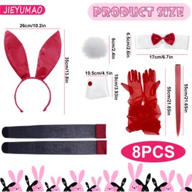 JIEYUMAO 8Pcs Bunny Costume Set, Red Bunny Ear Headband Collar Bow Tie Cuffs Tail Long Gloves Fishnet Stockings for Easter