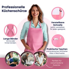 Viamart® - Professional Kitchen Apron - Cooking Apron - BBQ Apron - Adjustable - Catering Quality - 3 Practical Pockets - Unisex: Men & Women - Size: One Size Fits All - Washable at 60°, pink