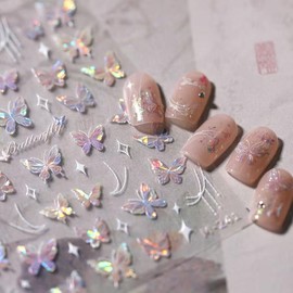 Butterfly Nail Art Stickers Aurora Pink Butterfly Nail Decals 5D Embossed Champagne Butterfly Nail Designs Sparkling Butterfly Stickers for Women DIY Manicure Nail Art Decorations