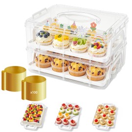 YFEEN Cupcake Carrier with Lid and Handle 24 Hole with 100 pcs Mini cupcake boards (3.15inch),BPA-Free Cup Containers Holder for Cupcakes, Dessert,Nuts, Fruits, Vegetables, Salads, Cookies