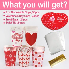 50 PCS Valentine's Day Paper Cups with Valentines Cards for Kids Classroom and Clear Gift Bags-9 oz Disposable Cocoa Coffee Cups for Party Supplies with Love Design-Valentine Party Wedding Decorations