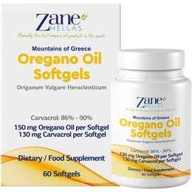 130 mg Carvacrol - 150 mg Oregano Oil per Softgel. World Highest Concentration Oregano Oil Capsule. Zane Hellas Oregano Oil. Softgel Contains 30% Greek Essential Oil of Oregano. 60 Softgels.
