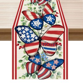 XCHI Watercolor America Stars Butterflies Eucalyptus Leaves Patriotic 4th of July Memorial Day Independence Day Table Runner Decoration for Home Kitchen Holiday Party 13x90 Inch