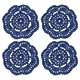uxcell Crochet Doilies, 4Pcs 4" Cotton Woven Fabric Coasters, Lace Round Handmade Coasters with Floral Pattern for Wedding Party Decoration (Dark Blue)