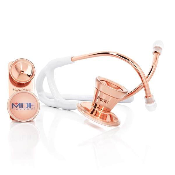 MDF ProCardial Core Cardiology Stainless Steel Dual Head Adult-Pediatric Stethoscope with Adult Cardiology Bell Convertible Attachment - Free-Parts-for-Life (MDF797DD) (Rose Gold/White)