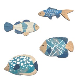 Vumyhuby Wooden Fish Wall Art​ with Coastal Ocean Theme Decor - Handcrafted Natural Wood Fishs Wall Sculpture Set of 4, Rustic Hanging for Linving Room, Beach, Nautical, or Coastal Home Decoration, Unique Gifts,D