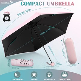 ZOMAKE Mini Compact Umbrella - Travel Umbrella Windproof Strong with Reinforced 6 Ribs,UV Folding Umbrella For Sun Protection,Lightweight Pocket Umbrella With Capsule Case For Men Women Girls(Pink)