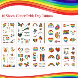 Konsait Glitter Pride Temporary Tattoos for Adult Kids Fake Tattoos Rainbow Pride Accessories Waterproof Tattoo Love Butterfly Rainbow Party Favors 10 Sheets