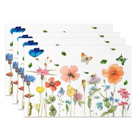 MIRRORANG Watercolor Garden Placemats Set of 4 45x30cm Flowers Butterflies Design Place Mats for Kitchen Dining Room Spring Summer Party Table Mats Decor