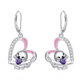 ZPMMPZ Bunny Earrings 925 Sterling Silver Dainty Heart Rabbit Earrings Cute Rabbit Drop Earrings Jewelry Gifts for Women Girls Wife Daughter Valentines Day Birthday Christmas, Sterling Silver, Cubic Zirconia, Purple