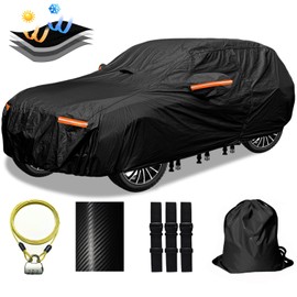 OWEEIO 30 Layers SUV Car Cover for Automobiles All Weather Waterproof, Outdoor Snowproof UV Protection Windproof, Door Zipper, Soft Cotton, Heavy Duty Universal Car Covers, (Black, Fit SUV 181"-190")