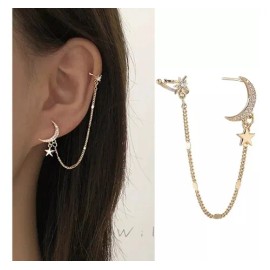 Arete Clip Largo Trepador Clip Solitario Luna Estrella