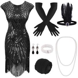 PLULON 1920s Sequin Beaded Flapper Dress with 20s Accessories Set (Black)