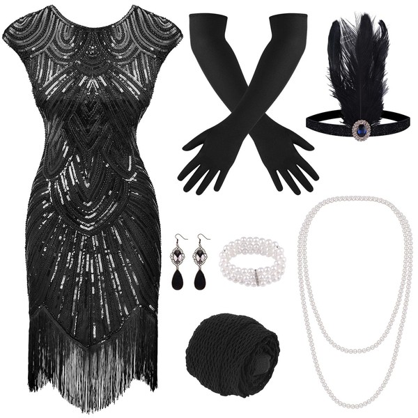 PLULON 1920s Sequin Beaded Flapper Dress with 20s Accessories Set
