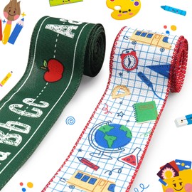 Threetols 2 Rolls 10 Yards Back to School Wired Edge Ribbon, 2.5inch Green ABC Apple Burlap Ribbon Globe Check Gift Wrapping Ribbon for First Day of School Party DIY Craft Teacher Wreaths Bow Decor