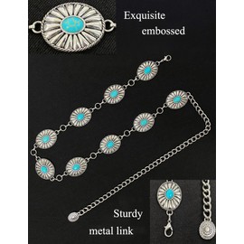 BEMYLV Turquoise Concho Chain Belts for Women Western Metal Belt Cowgirl Silver Waist Chains Dresses Jeans Girls