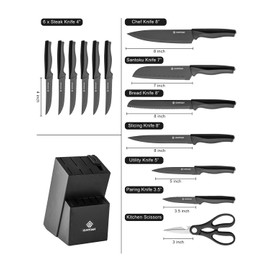 KUNYUAN Knife Set, 15 Pcs Kitchen Knife Set with Block Self Sharpening, Dishwasher Safe, 6 Steak Knives, Anti-slip handle, Black