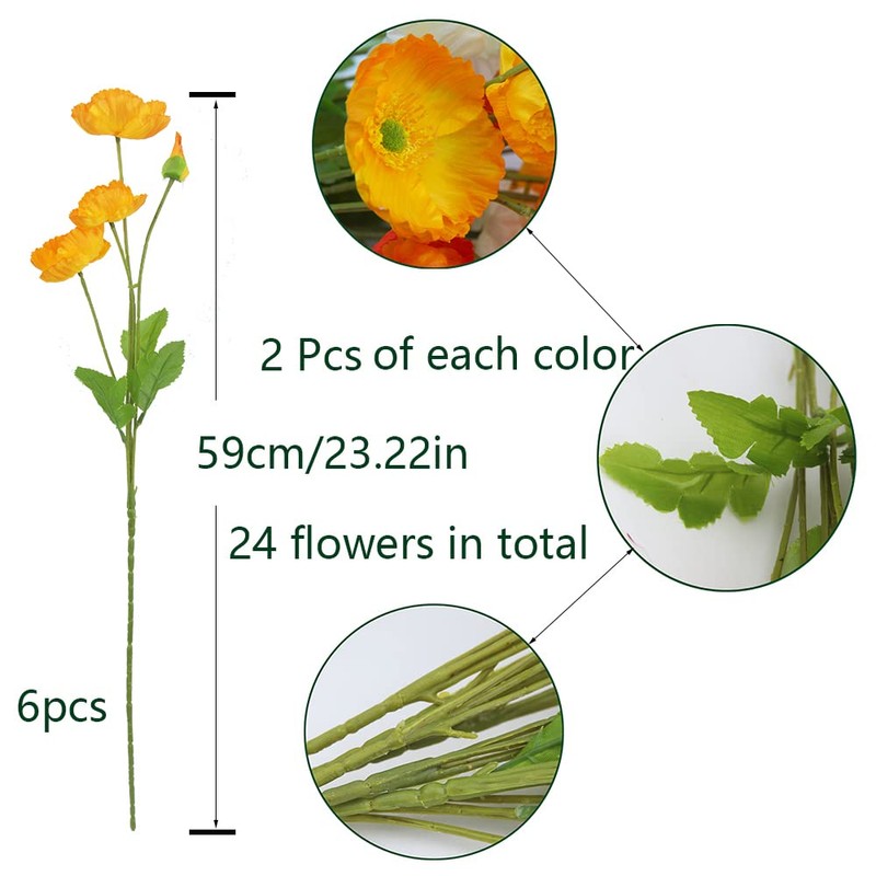 CEWUDA 6 Pcs Artificial Poppy Flowers Silk Flower Poppy with