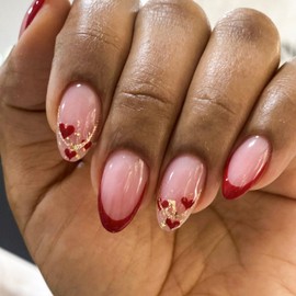 Short Almond Press on Nails Red Fake Nails with Designs Glossy French Tip Nails Press on Acrylic Nails Cute Gel Glue on Nails Valentines Glitter Gold False Nails Red Heart Stick on Nails for Women
