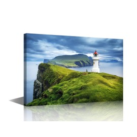 Mikinski Lighthouse Wall Art Canvas Ocean for Interior Bathroom Wall Décor Faroe Islands Scenery Bed for Living Room Dining Room Decorative 8x12inch (20x30cm)