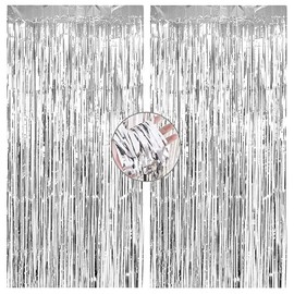 Auliuse 2Pcs 3.3×6.6ft Tinsel Curtain Silver Glitter Party Decorations Curtain Backdrop Streamers Foil Fringe, Metallic Tinsel Foil Curtains Background Streamers for Wedding Baby Shower Birthday