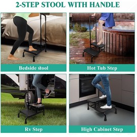 2 Step Stool with Handle, Height Adjustable Stepping Stool, Step Foot Stool with Non-Skid Platform & Luminous Strip, Holds up to 400 Pounds for Kitchen, RV, Car, Bathtub