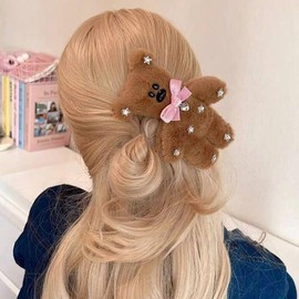TUCEWP Cute Hair Clip for Women Girls Brown Fluffy Plush Bear Hair Pins Nonslip Sparkly Rhinestones Hair Barrette Snap Large Bowknot Bear Metal Alligator Clips for Long Thick Hair Y2k Hair Accessories