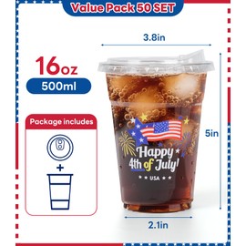 ZMENCY 50 Pack 16 Oz 4th of July Plastic Cups With Lids, Disposable Iced Coffee Cups for Party Drinks, Bubble Tea and Cold Beverage, BPA Free & Food Safe