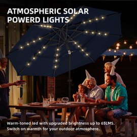 wikiwiki 10FT 3Tiers Solar LED Patio Umbrella with Base, Sturdy Outdoor Market Umbrella with Tilt, Crank and 32 LEDs for Terraces, Pool and Garden, Navy Blue