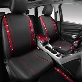 CAR PASS 23 PCS Bling Diamond Car Accessories Set for Women, Leather Car Seat Covers Full Set Sparkly Rhinestone15'' Steering Wheel Covers Shining Diamond Car Floor Mats Cute Car Interior Sets, Red