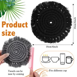 FoldTier 6 Pcs Coasters for Drinks Absorbent Boho Cotton Woven Coaster Farmhouse Tassel Macrame Coaster with Holder Housewarming Gift for Kitchen Office Coffee Table Decor, 4 in (Gray)