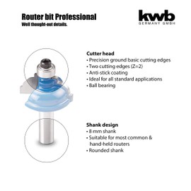 kwb HSS Professional Profile Milling Cutter (for Wood, Diameter 39.2 mm, R1 = 4.79 mm, R2 = 6.35 mm, 8 mm Shank, Precision-Ground Base Cut, Ball Bearing, Suitable for All Standard Hand Routers)