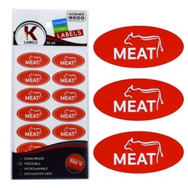 36 Meat Red Kosher Labels - Oven Proof up to 500°, Freezable, Microwavable, Dishwasher Safe, English - Color Coded Kitchen Stickers by The Kosher Cook