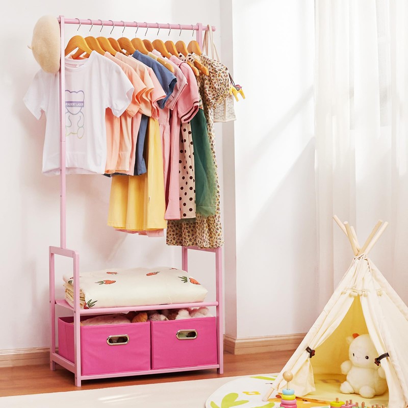 Vilaxing Kids Clothing Rack Bamboo with 2 Storage Baskets and