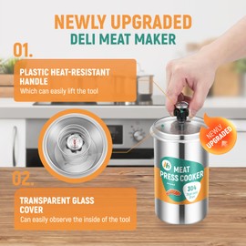 Newhai Deli Meat Maker Lunch Meat Press Ham Meat Cooker Healthy Homemade Ham with Thermometer 5 Secret Recipes Cooking Bags 304 Stainless Steel with Glass Cover