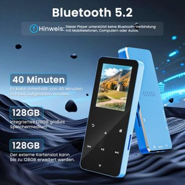 128GB MP3 Player Bluetooth, MP3/MP4 Player with Speaker, Headphones, TF Card Slot, Suitable as Audio Book/Digital Audio Player, 1.8 Inch Colour Screen, FM Radio, Video, Voice Recording, with Sports