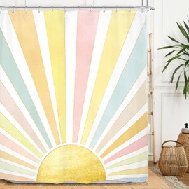 Miyotaa Colorful Sun Watercolor Shower Curtain Set 60Wx71H Inches 70s Retro Yellow Sunshine Sunrise Sunset Abstract Cute Girls Aesthetic Watercolor Waterproof Bathroom Curtain with 12 Hooks