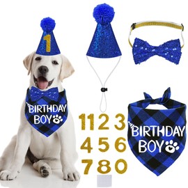 STMK Dog Birthday Party Supplies, Multi Sizes Dog Birthday Hat Dog Birthday Bandana Boy Bow Tie Birthday Numbers for Small Medium Dogs Pets (Small, Blue)