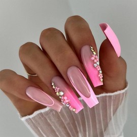 IMRAIN Press on Nails Long Coffin Nails Pink Gradient French Tips Fake Nails with Flower & Rhinestone Designs Glossy Glue on Nails Purple Artificial Ballerina False Nails Stick on Nails 24Pcs
