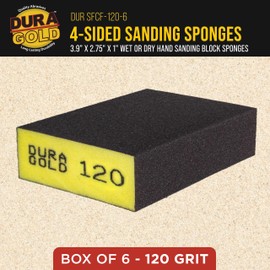 Dura-Gold 120 Grit 4-Sided Hand Sanding Block Sponges, Box of 6 - Performance Flex 3.9" x 2.75" x 1" Wet or Dry Flexible Sandpaper Abrasive Brick Pads, Reusable - Sand Wood, Drywall, Metal, Auto Paint